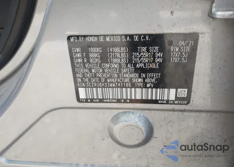 2021 Honda Hr-V Awd Lx from USA, damaged, VIN 3CZRU6H33MM741186